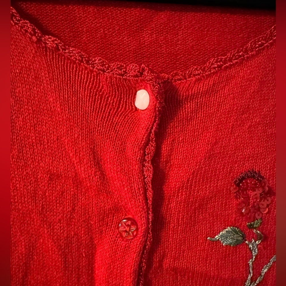 Sequin Beaded Embroidered Rose Red Cardigan Sweater Grannycore VTG Valentines Da - Picture 7 of 15